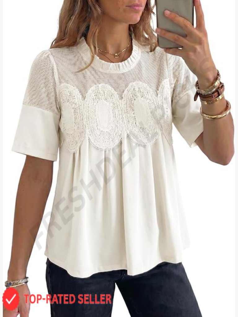 Lace Blouse Elegant Flared Swing Top Crew Neck Short Sleeve Textured Mesh Shirt